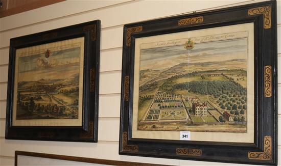 Johannes Kip, two hand coloured engravings, Stoke Bishop and West Prospect of Gloucester City, 40 x 47cm